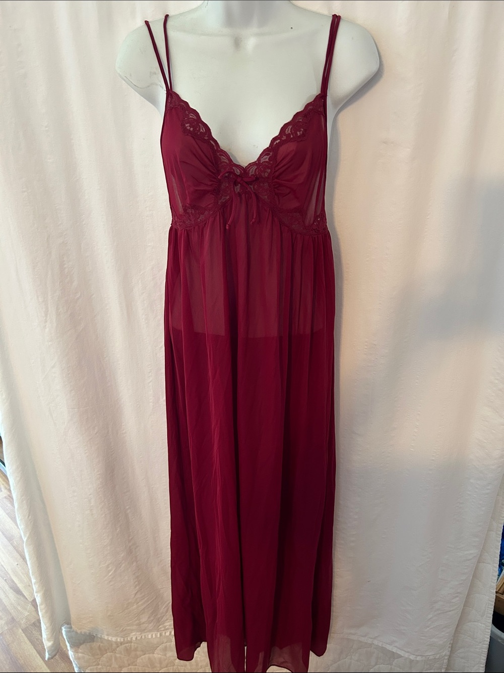 VTG Sheer Lace-Trim Burgundy Nightgown - Women's Intimates size Small